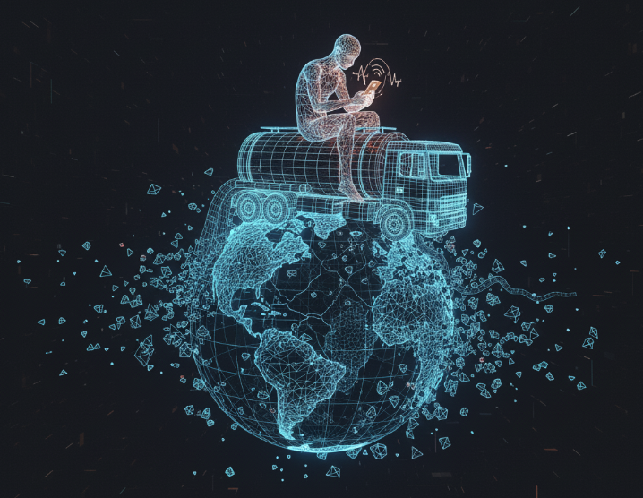 distracted guy on his phone while his truck pollutes