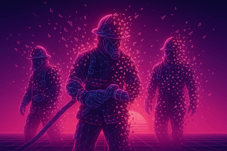 firefighters synthwavy wireframe flaking apart