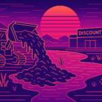synthwave bulldozer dumping sludge into wasteland to build discount store