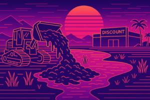 synthwave bulldozer dumping sludge into wasteland to build discount store