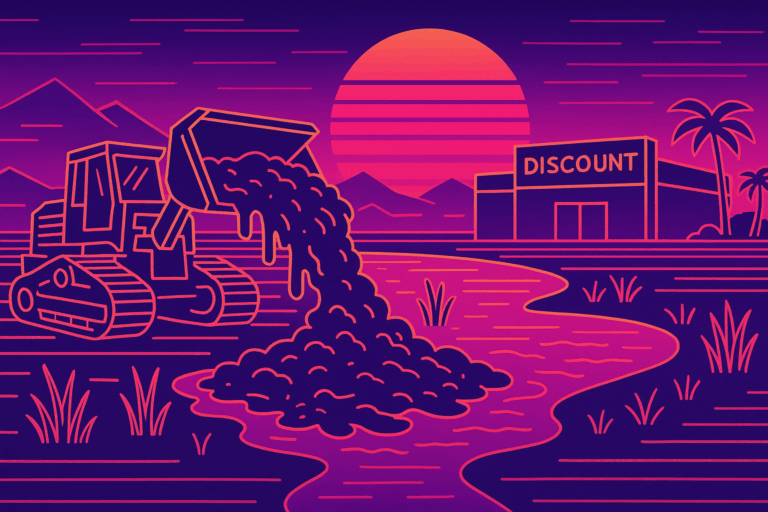 synthwave bulldozer dumping sludge into wasteland to build discount store