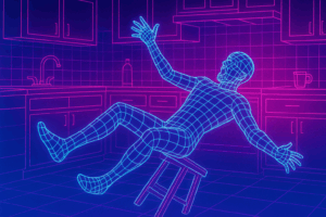 synthwave wireframe guy falling from a kitchen stool