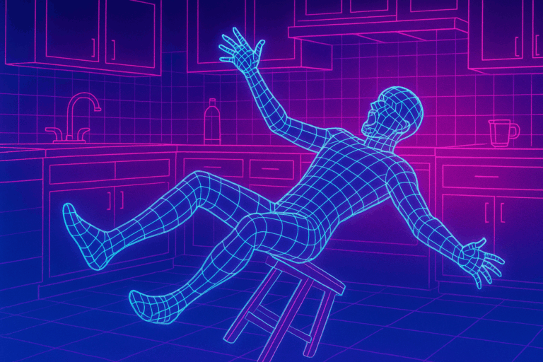 synthwave wireframe guy falling from a kitchen stool
